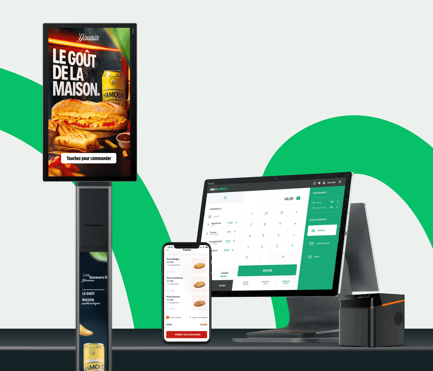 Pack ALL-IN Eat & Collect : borne de commande, caisse tactile et écran réunis