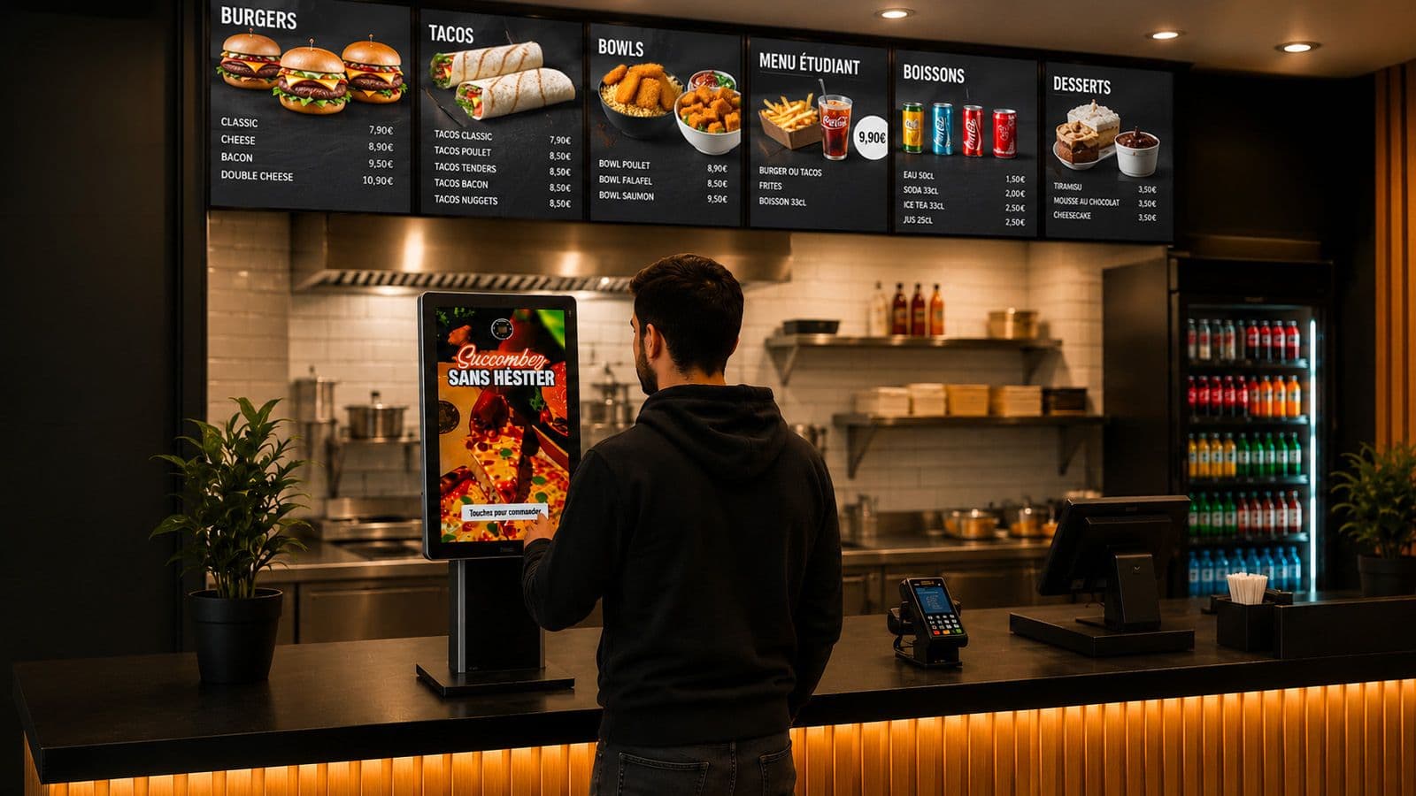 Client de dos passant sa commande sur une borne tactile posée sur le comptoir d'un fast food