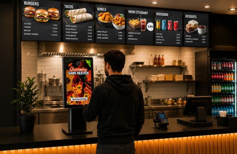 Client de dos passant sa commande sur une borne tactile posée sur le comptoir d'un fast food