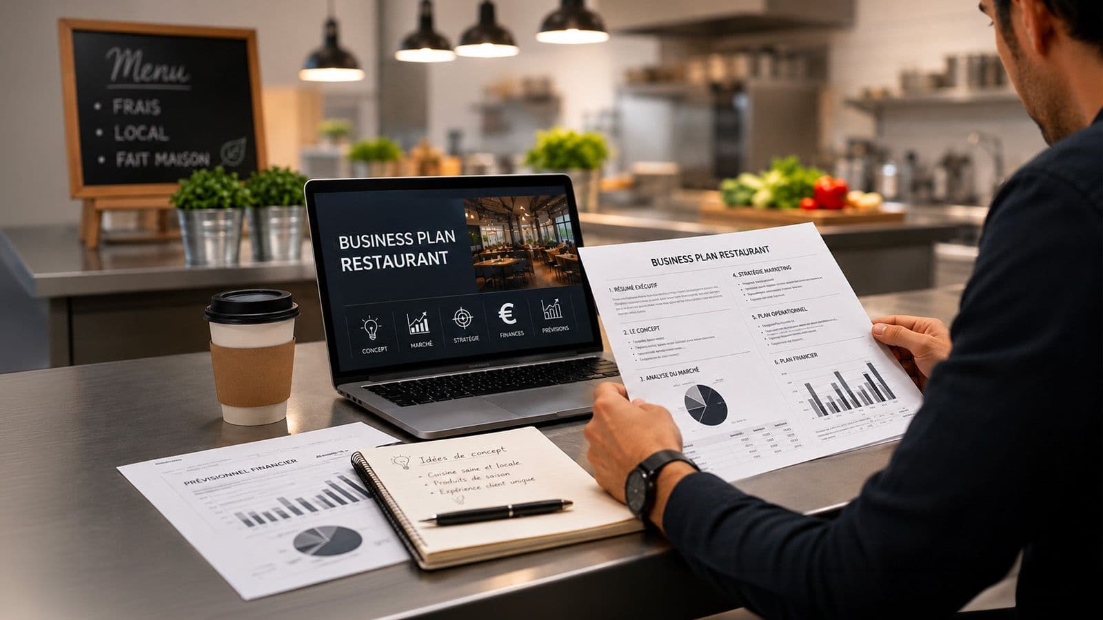 Porteur de projet comparant son business plan de restaurant sur papier et sur ordinateur portable, dans une cuisine professionnelle