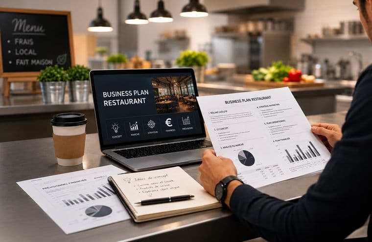 Porteur de projet comparant son business plan de restaurant sur papier et sur ordinateur portable, dans une cuisine professionnelle