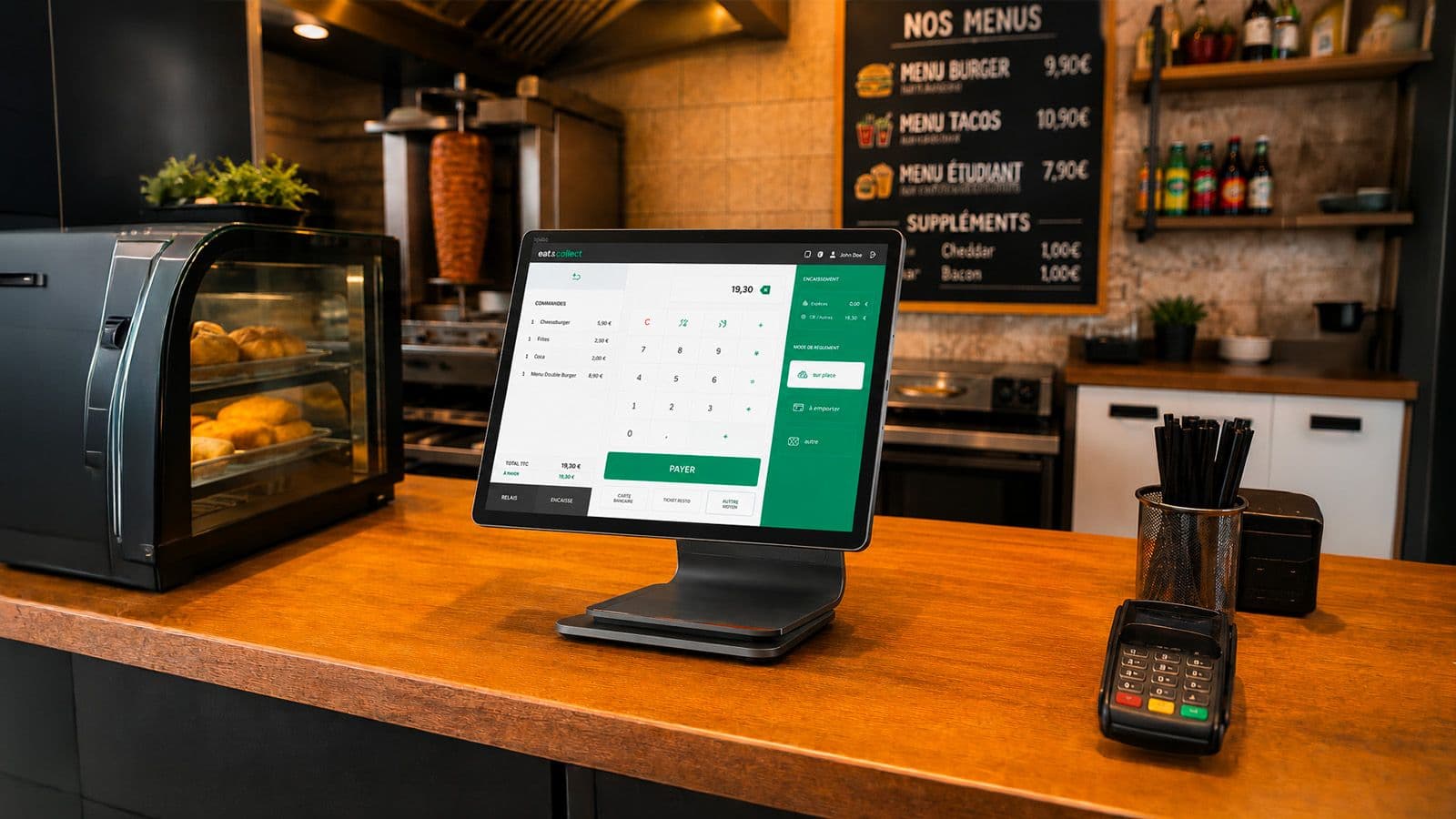Caisse tactile Eat & Collect sur le comptoir d'un snack, écran d'encaissement affiché et terminal de paiement à côté