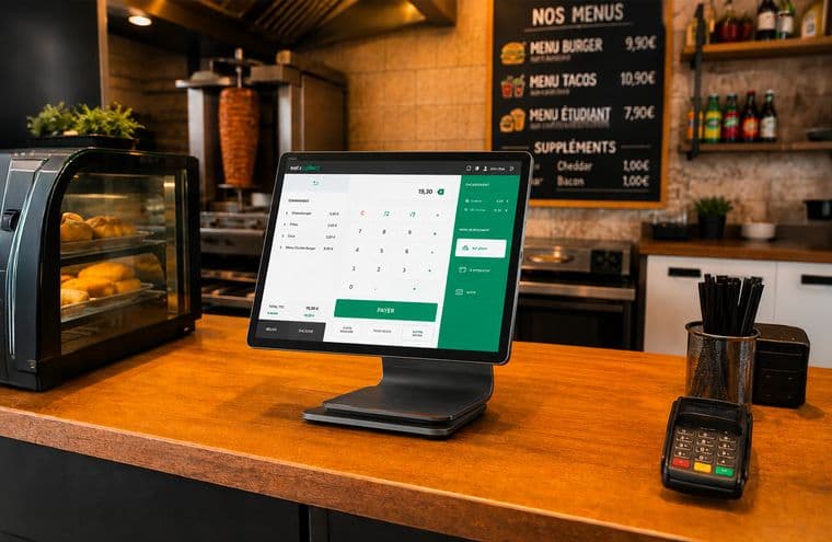 Caisse tactile Eat & Collect sur le comptoir d'un snack, écran d'encaissement affiché et terminal de paiement à côté