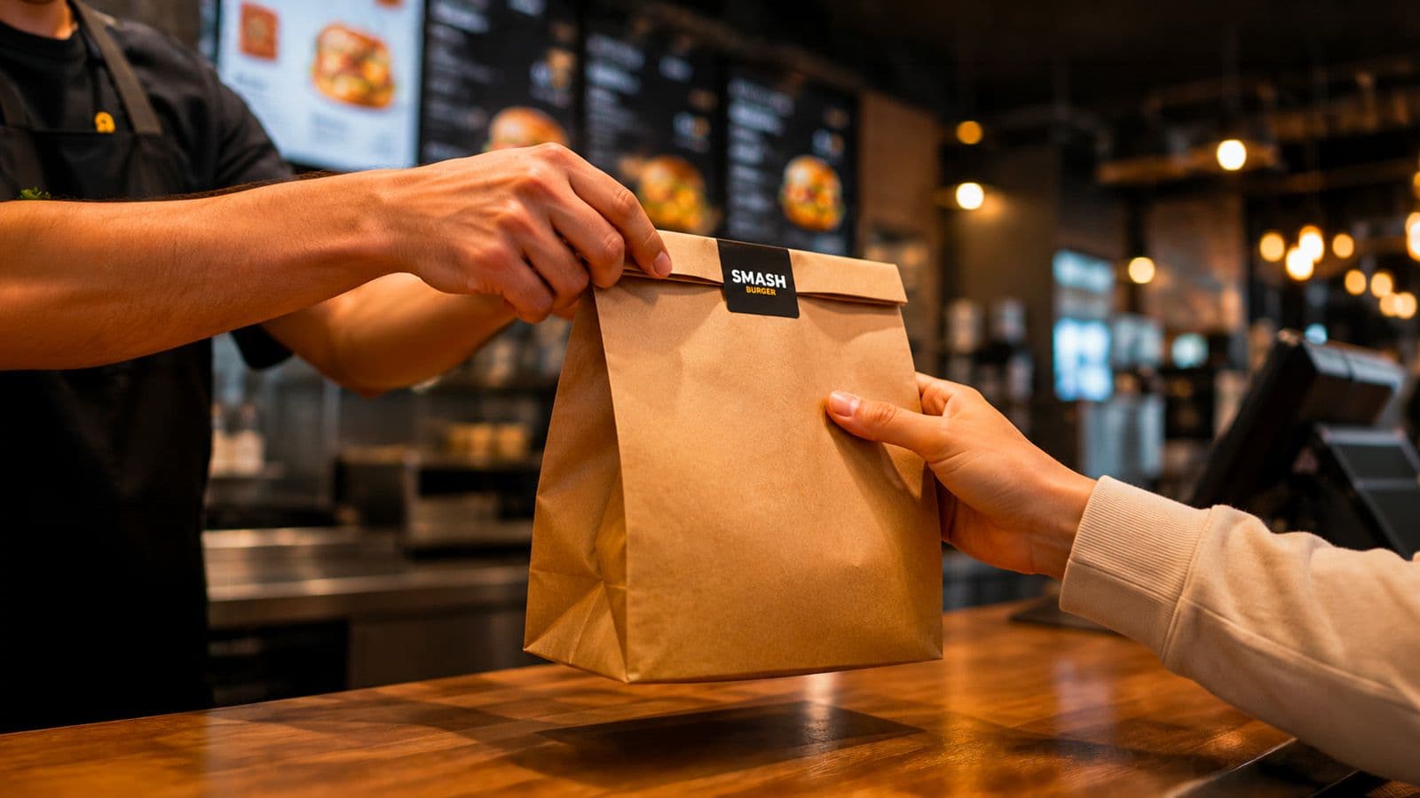 Remise d'un sac de commande à emporter par-dessus le comptoir d'un fast food