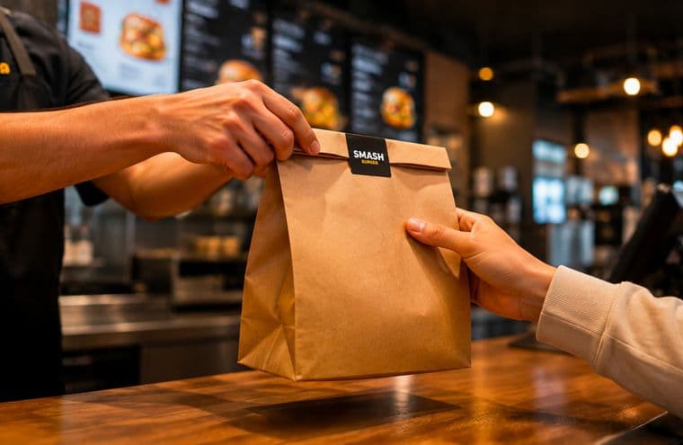 Remise d'un sac de commande à emporter par-dessus le comptoir d'un fast food