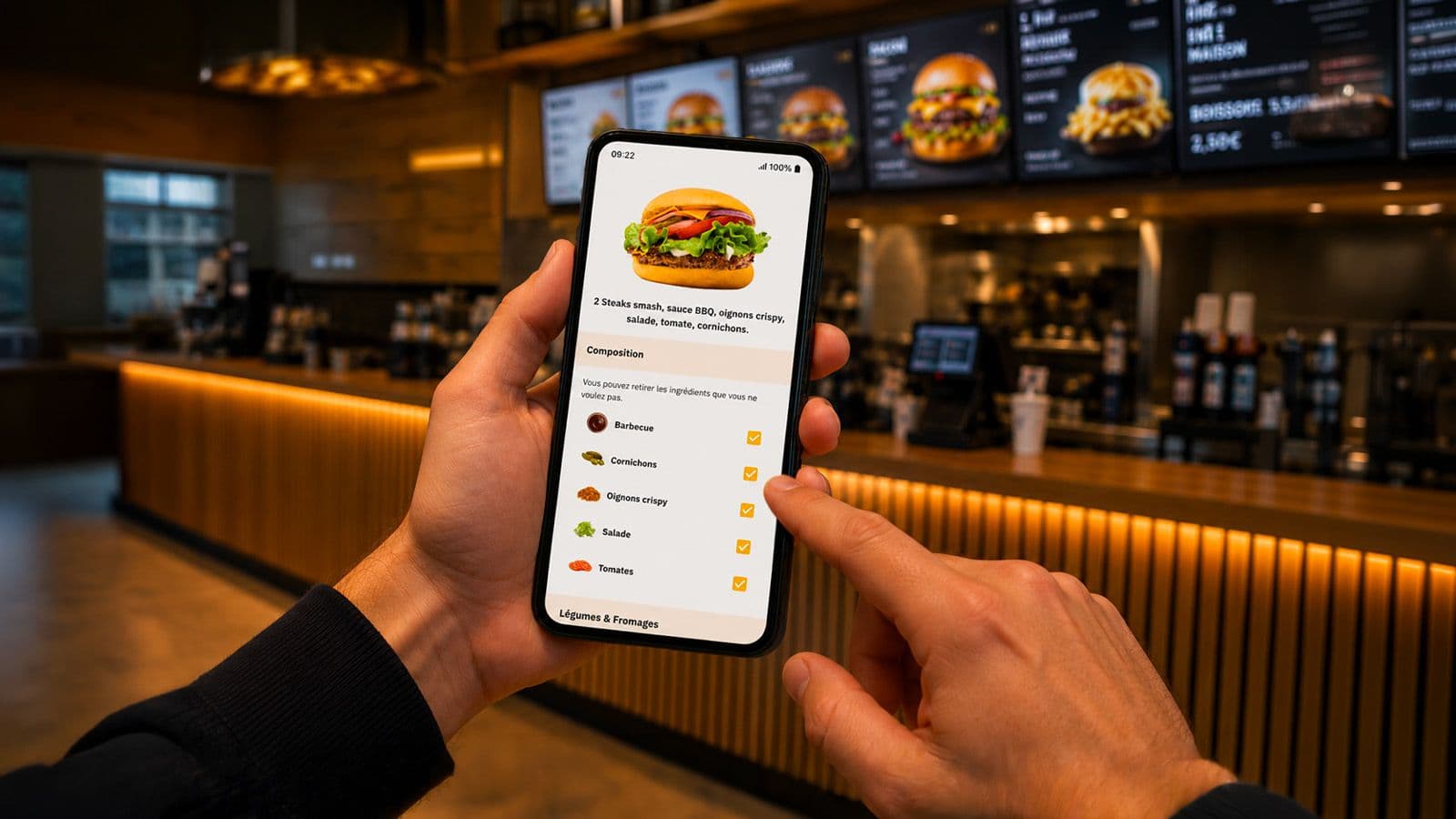 Client personnalisant les ingrédients de son burger sur l'application de commande en ligne d'un restaurant
