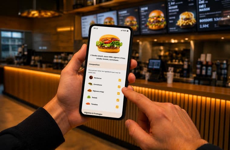 Client personnalisant les ingrédients de son burger sur l'application de commande en ligne d'un restaurant