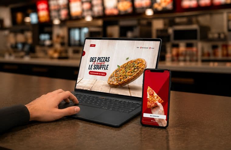 Site de commande d'un restaurant affiché sur un ordinateur portable et sur un mobile, posés sur un comptoir