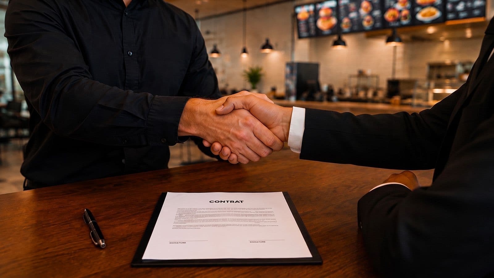 Poignée de main au-dessus d'un contrat de franchise posé sur une table, dans la salle d'un fast food