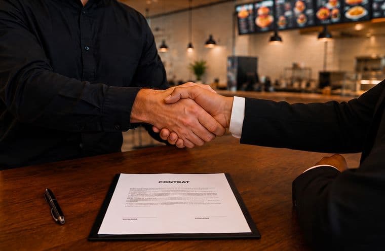 Poignée de main au-dessus d'un contrat de franchise posé sur une table, dans la salle d'un fast food
