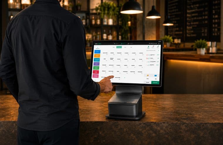 Restaurateur de dos sélectionnant un produit sur l'écran tactile d'une caisse Eat & Collect, au comptoir