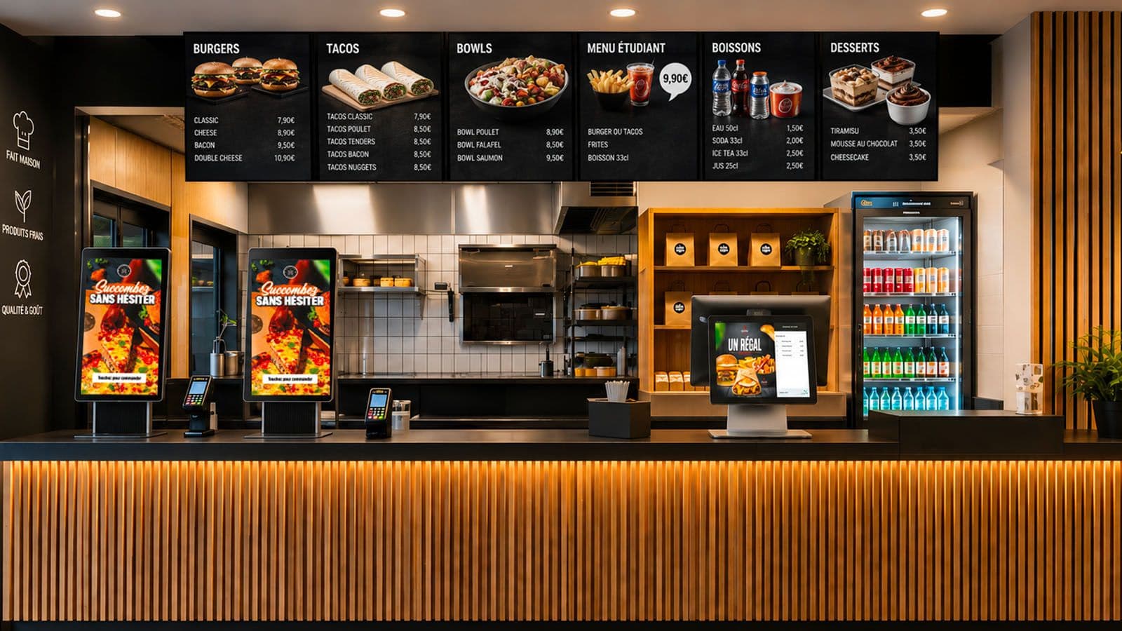 Comptoir d'un fast food moderne : menus numériques au mur, deux bornes de commande tactiles et caisse à l'écran, cuisine ouverte en arrière-plan