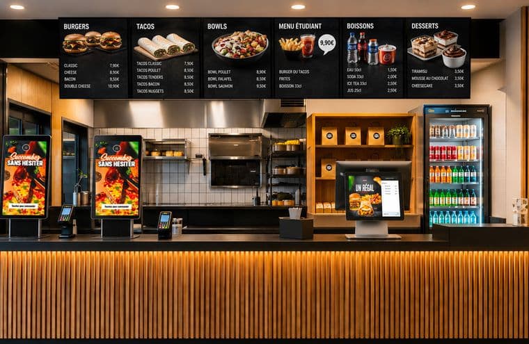 Comptoir d'un fast food moderne : menus numériques au mur, deux bornes de commande tactiles et caisse à l'écran, cuisine ouverte en arrière-plan