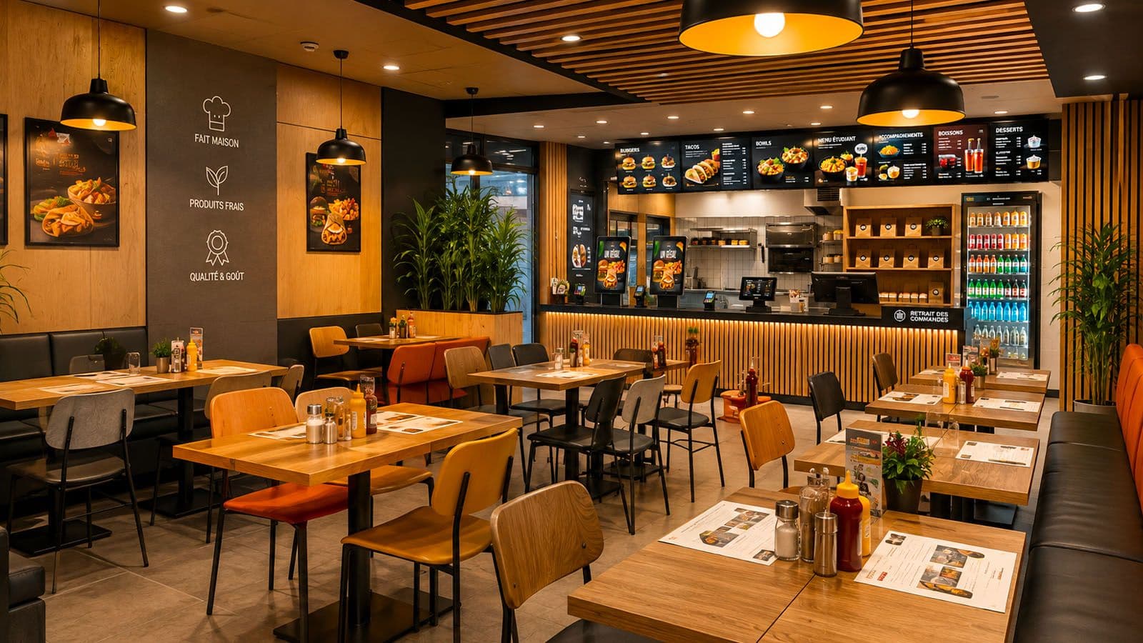 Salle de restaurant chaleureuse : tables en bois dressées, banquettes, et comptoir de retrait des commandes au fond