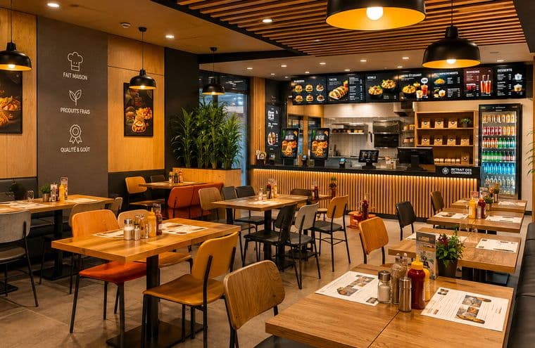 Salle de restaurant chaleureuse : tables en bois dressées, banquettes, et comptoir de retrait des commandes au fond