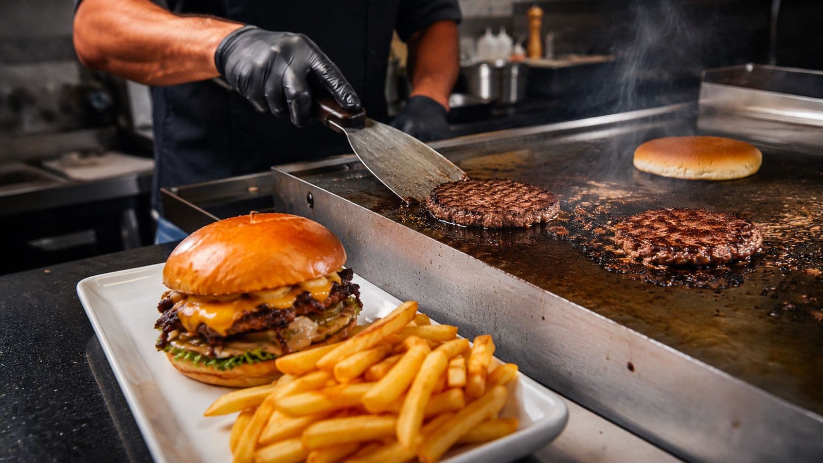 Cuisinier écrasant des steaks de smash burger sur la plancha, burger et frites dressés au premier plan