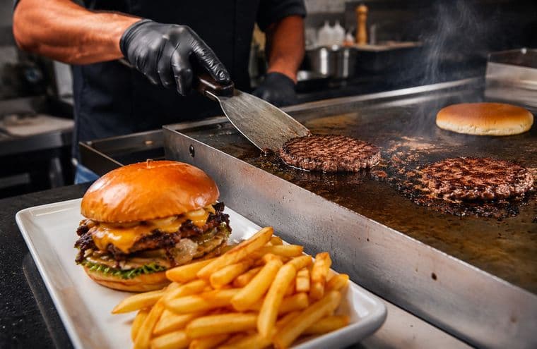 Cuisinier écrasant des steaks de smash burger sur la plancha, burger et frites dressés au premier plan