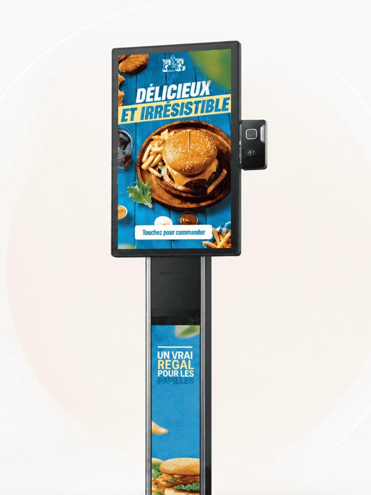 Borne de commande tactile Eat & Collect affichant un menu pour la commande en autonomie