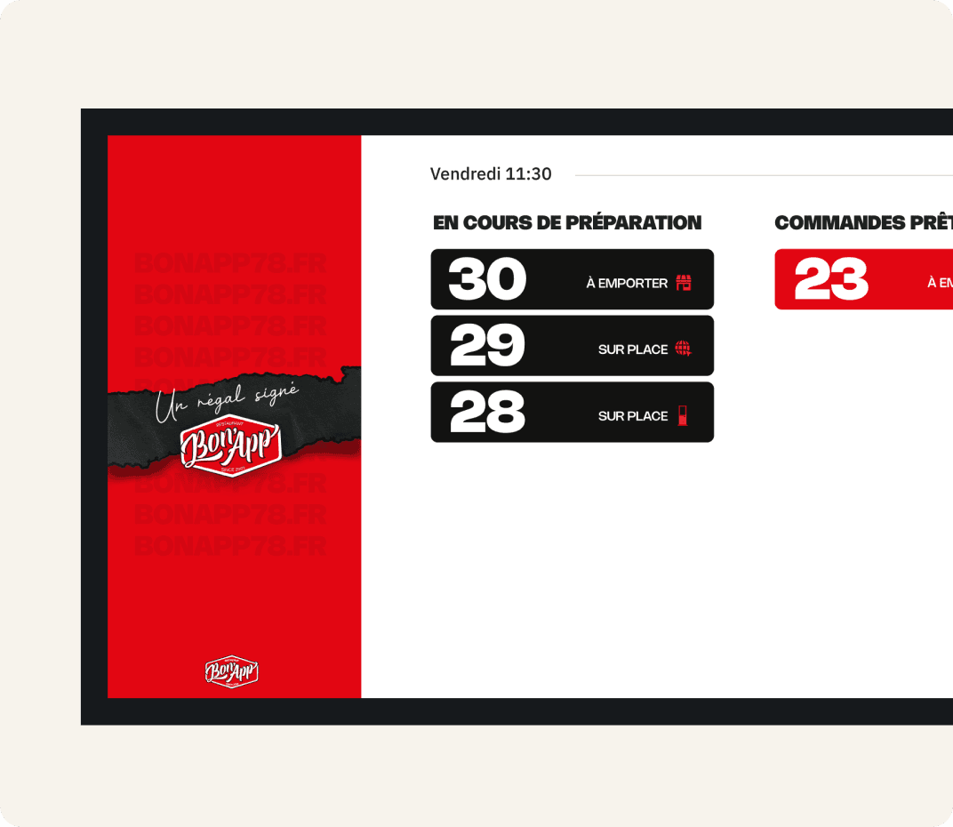 Écran client Eat & Collect affichant les commandes en cours et prêtes