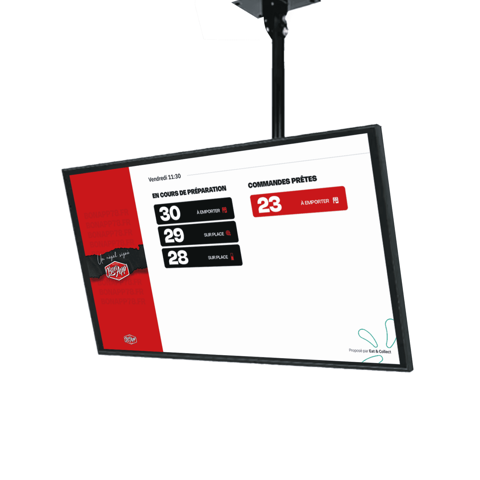 Écran d'affichage client Eat & Collect annonçant les commandes prêtes