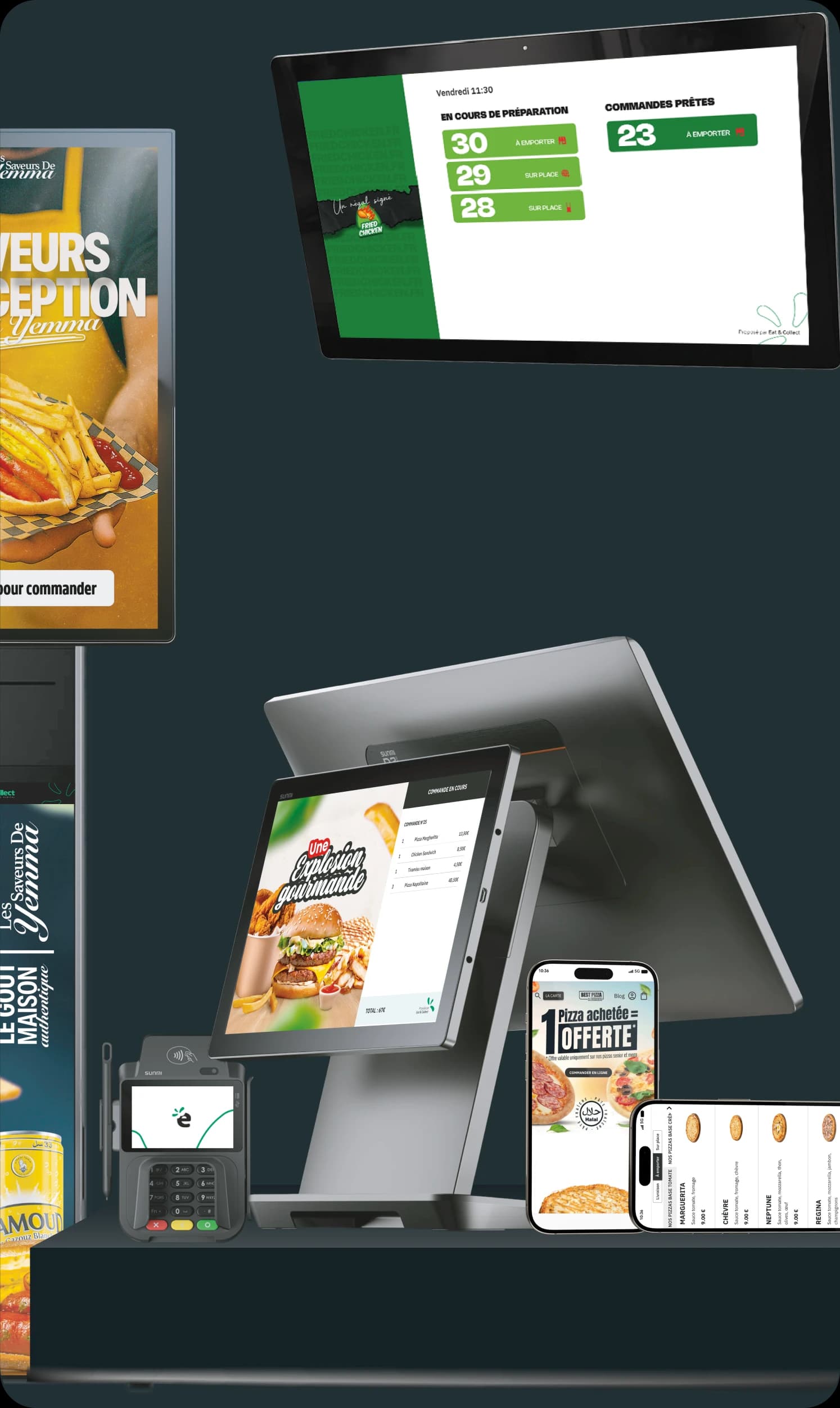 Écosystème Eat & Collect : borne, caisse tactile, TPE, écran cuisine, écran menu et application mobile interconnectés